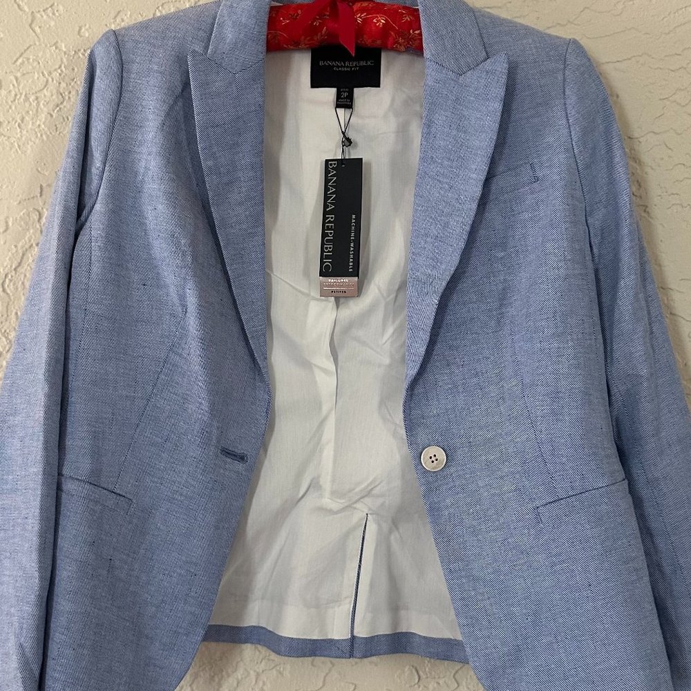 Banana Republic Cute Classic Fitted Blue Chambray Linen/Cotton Blazer sz 2P NWT